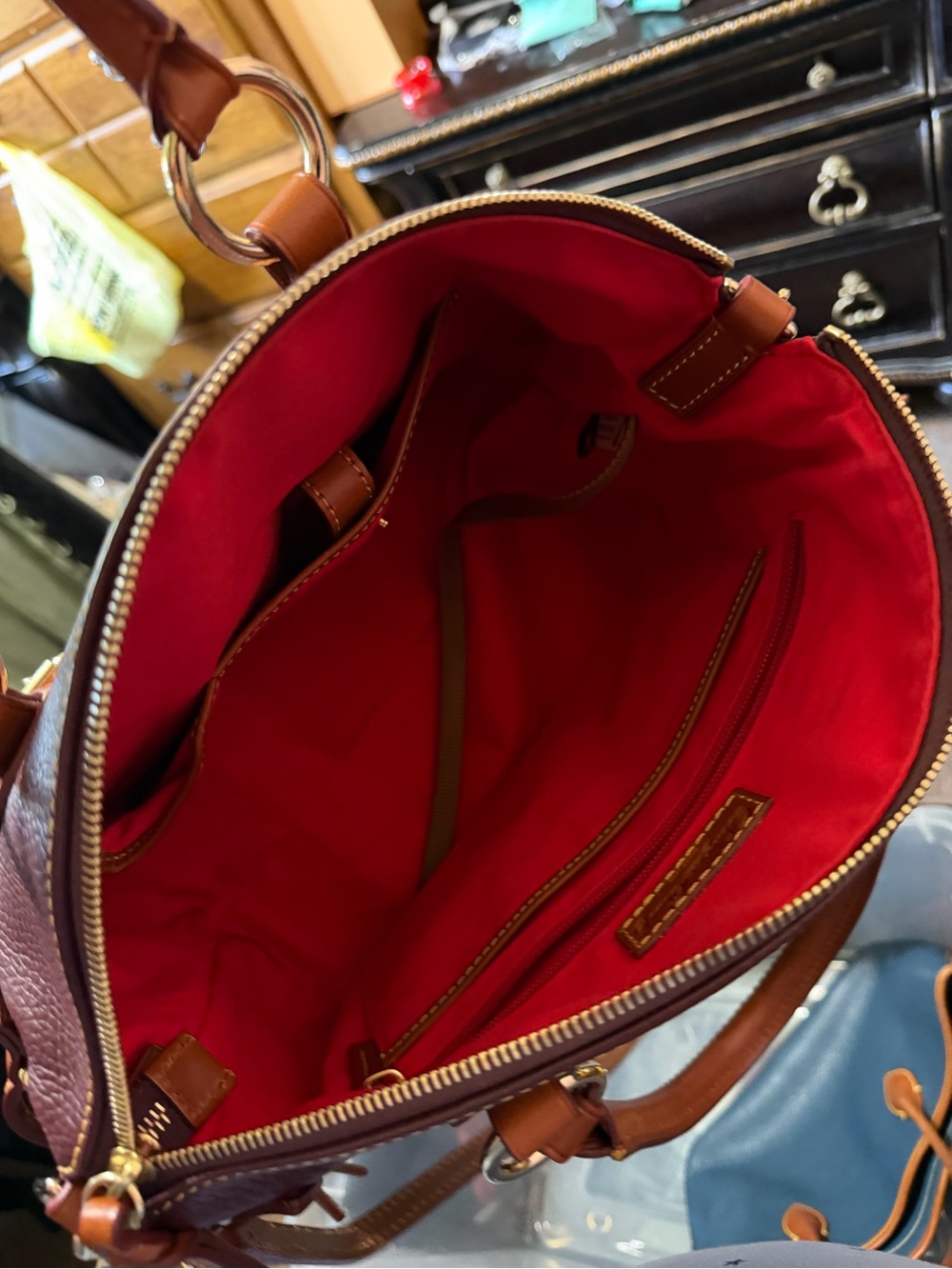 Dooney & Bourke Burgundy/Plum Bristol Satchel with Brown Trim and Gold Hardware - Picture 6 of 6